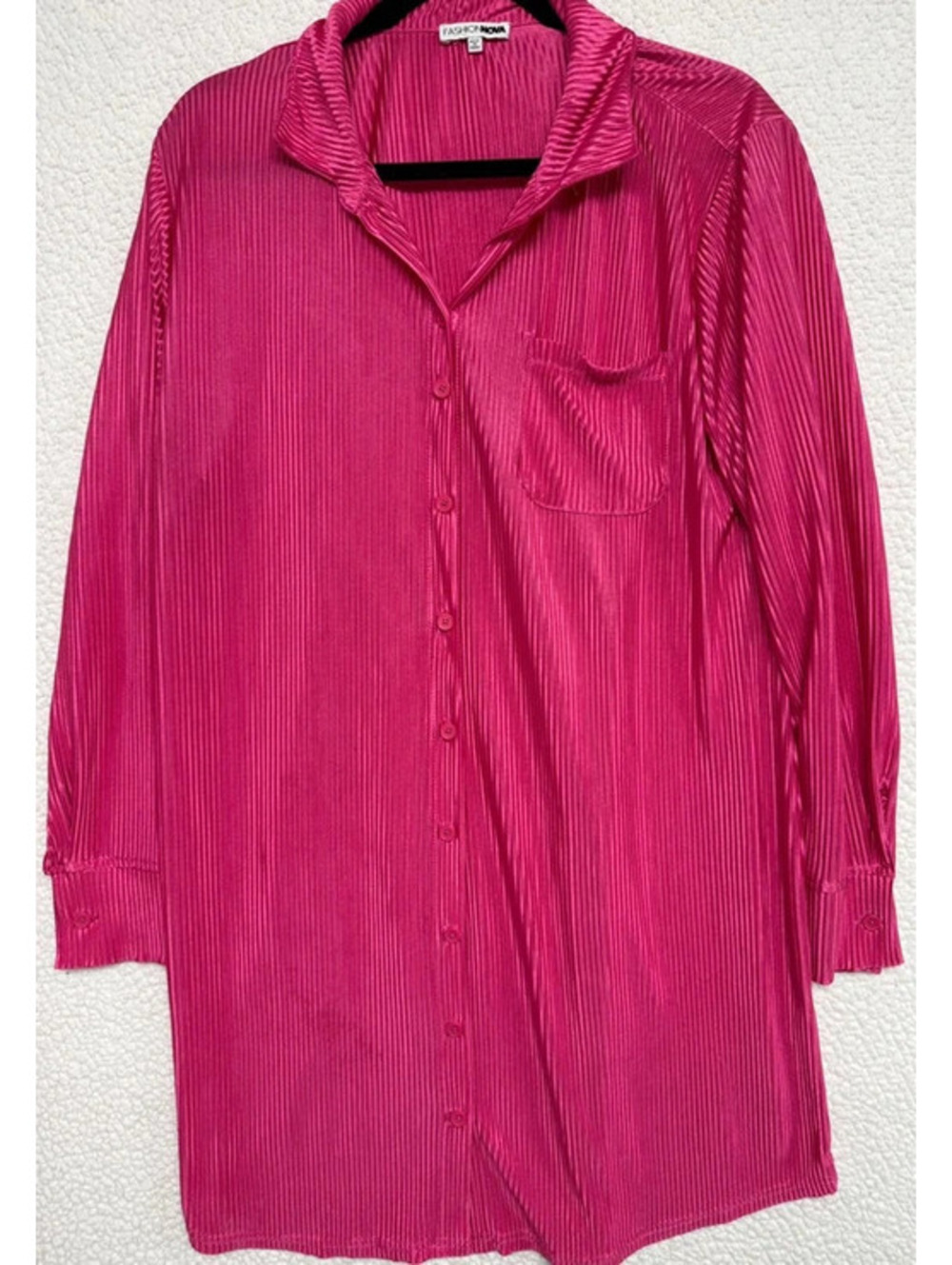 Fashion Nova Hot Pink Pleated Button Front Shirt Dress Long Sleeve